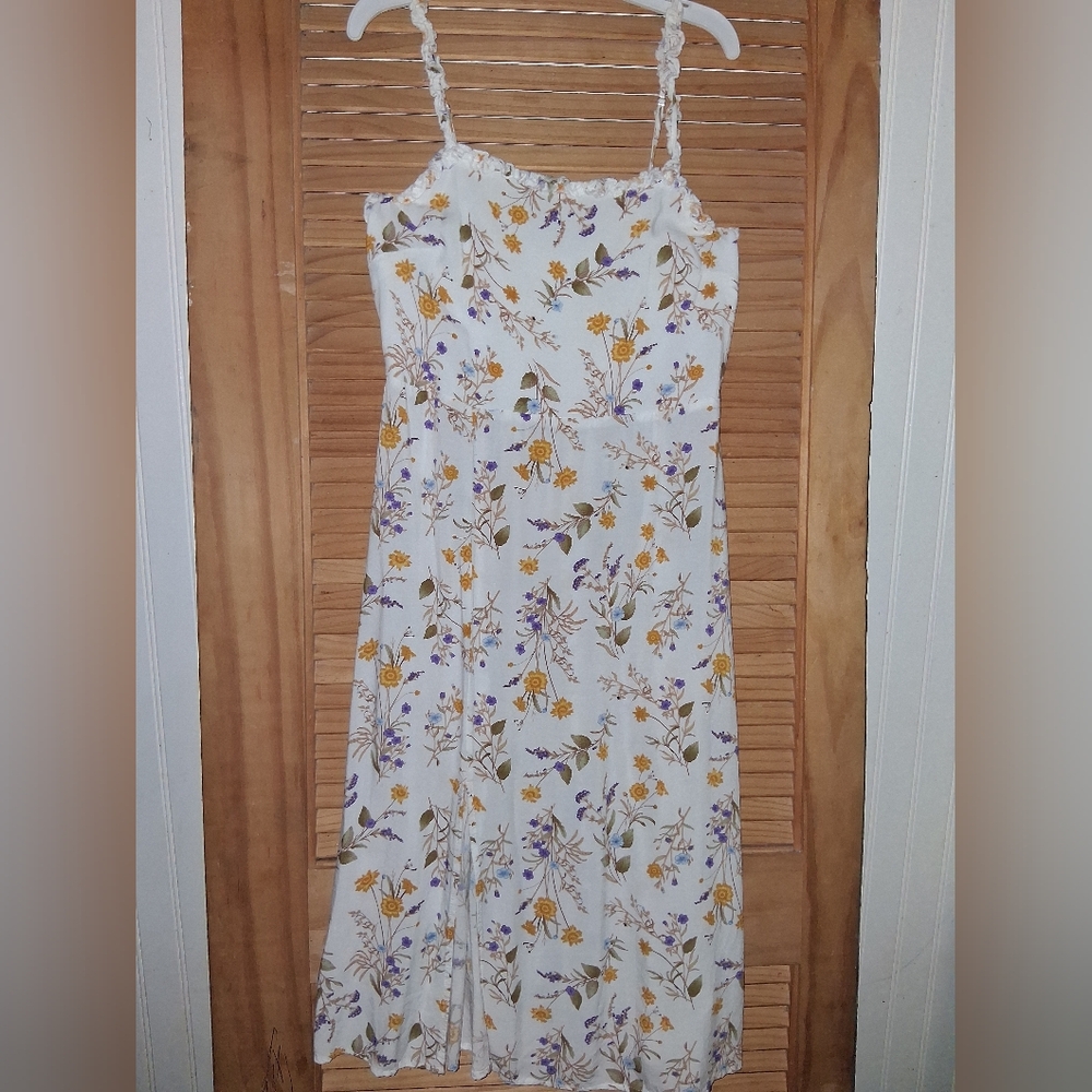 Blue Rain White Floral Midi Dress with Yellow & Purple Blooms